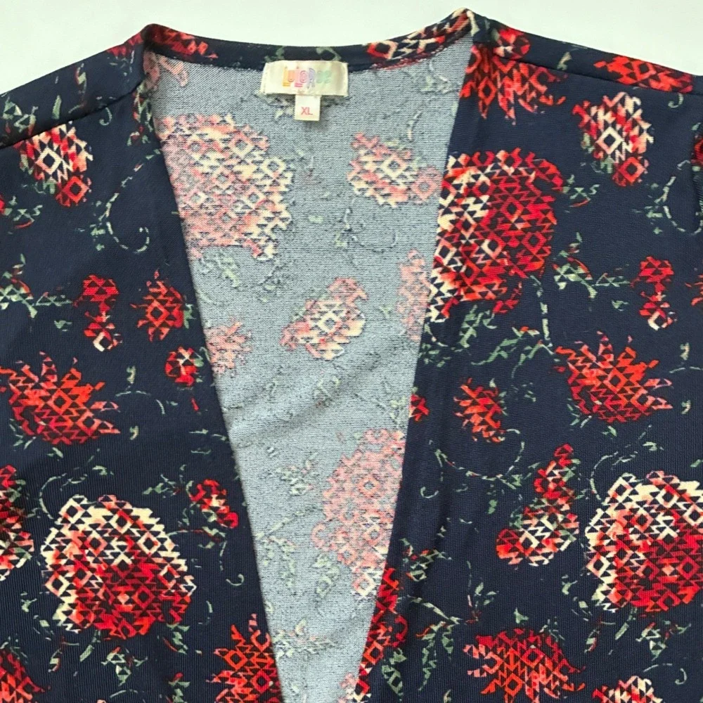 LuLaRoe Joy Duster Vest Womens XL Navy Blue Red Geometric Floral Longline Pocket